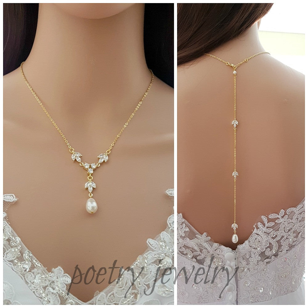Gold Back Drop Bridal Necklace, Pearl Crystal Necklace, Wedding Necklace, Gold Backdrop Necklace, Simple Necklace, Wedding Jewelry, Leila