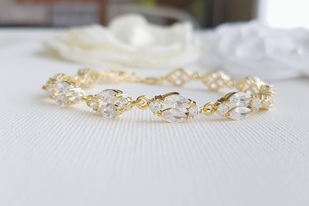 Gold Crystal Bridal Bracelet in Marquis Tennis Bracelet Style-Hayley