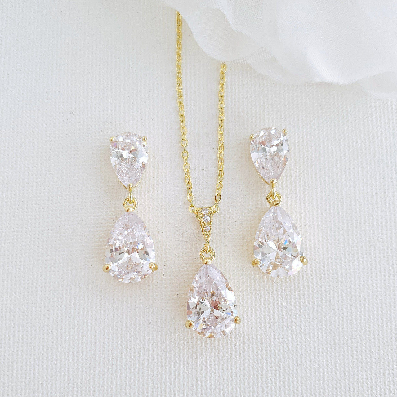 Clear CZ Earrings Necklace, Rose Gold Jewellery Set for Weddings