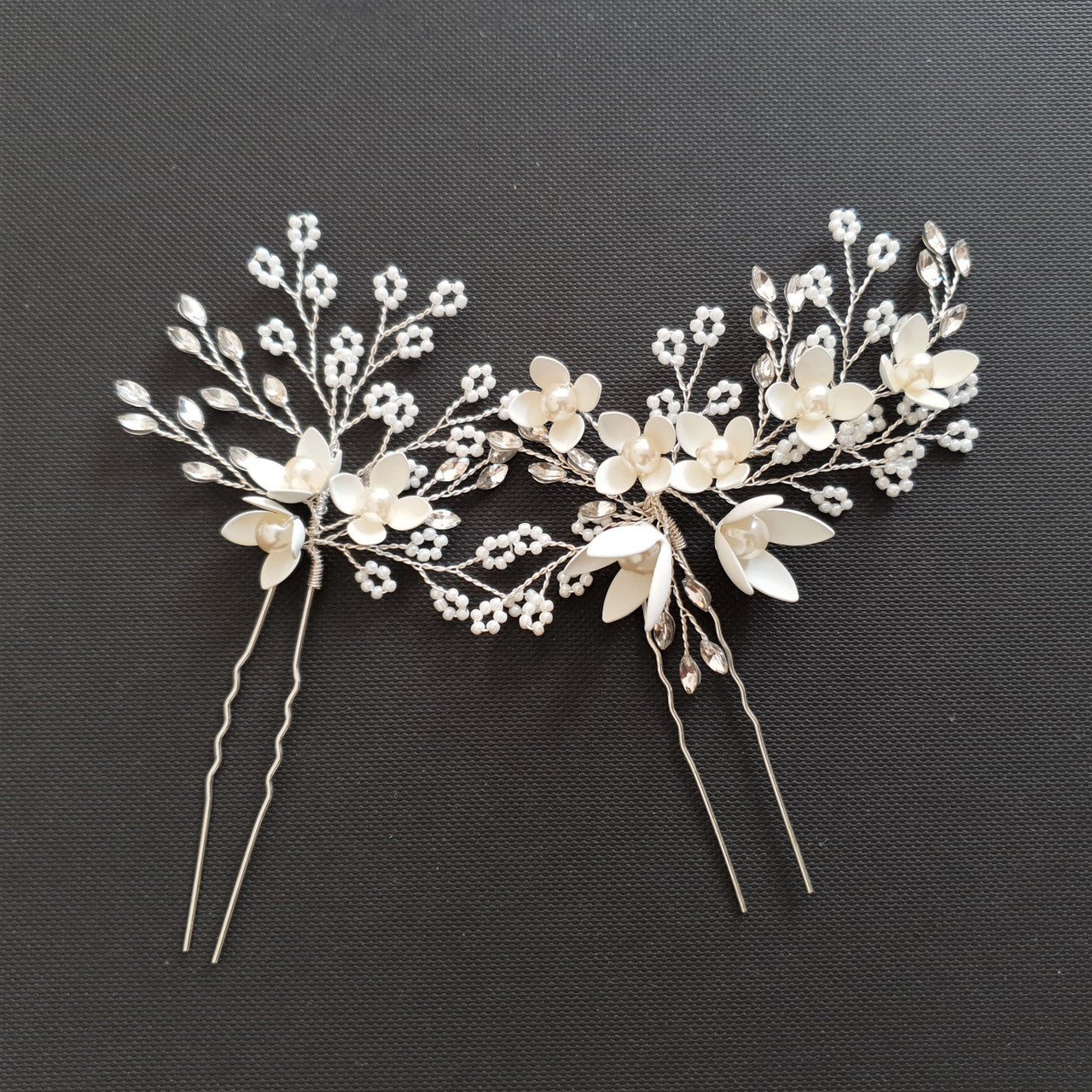 Small White Flowers Bridal Hair Pins With Pearls- Iris