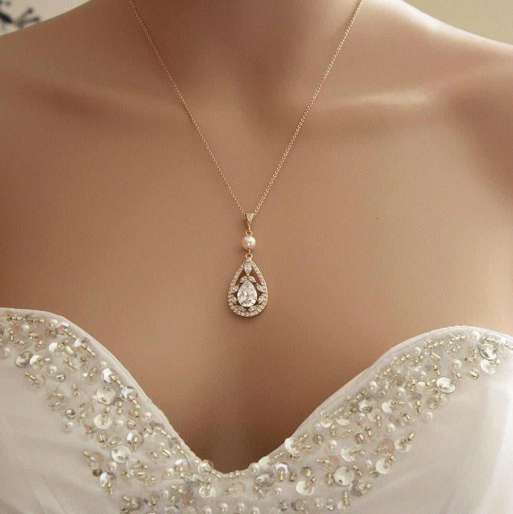Teardrop Cubic Zirconia Pendant Necklace in 14K Gold for Weddings-Esther