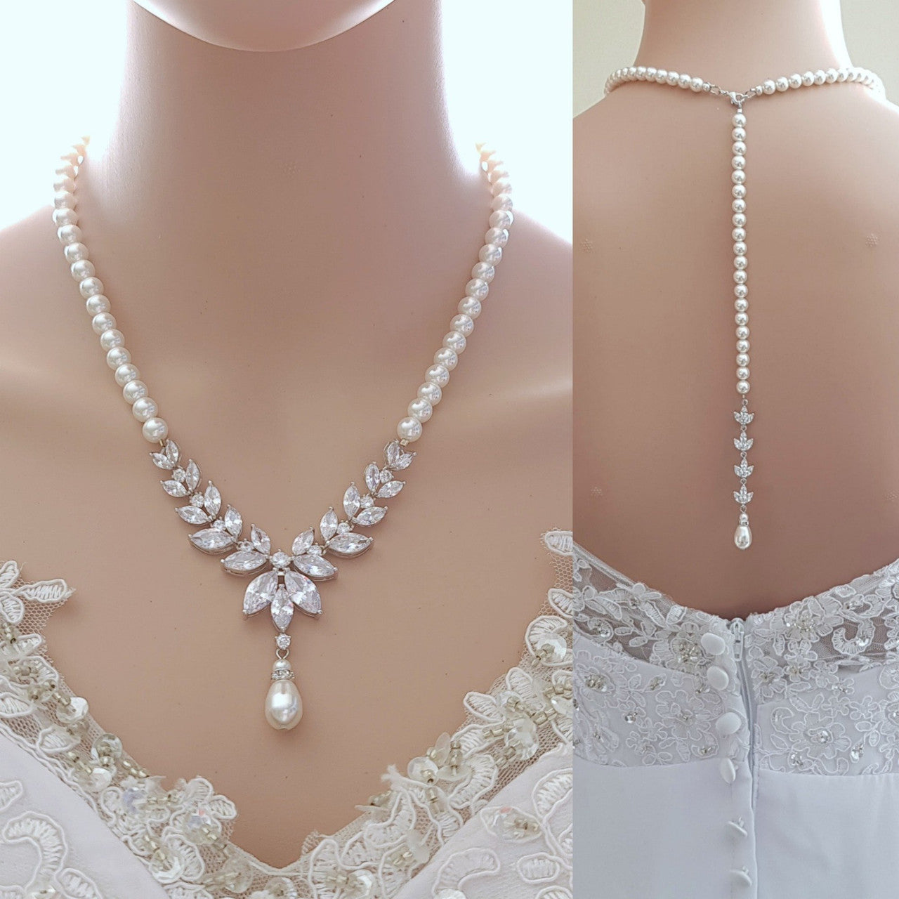 Pearl Bridal Jewelry Set in Ivory White Pearl Color with Necklace, Backdrop & Earrings-Katie