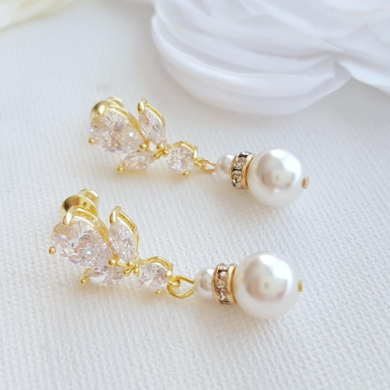 Gold Earrings for Weddings with Pearl Drops-Nicole