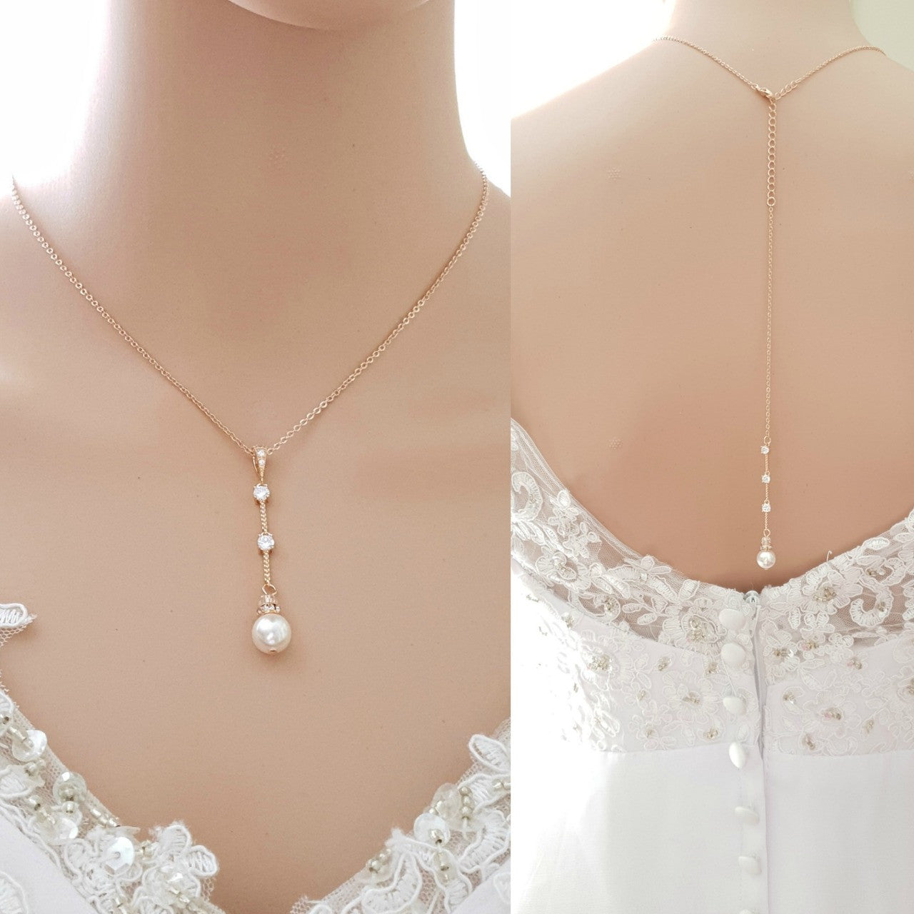 Simple Drop Back Bridal Necklace Silver- Ginger