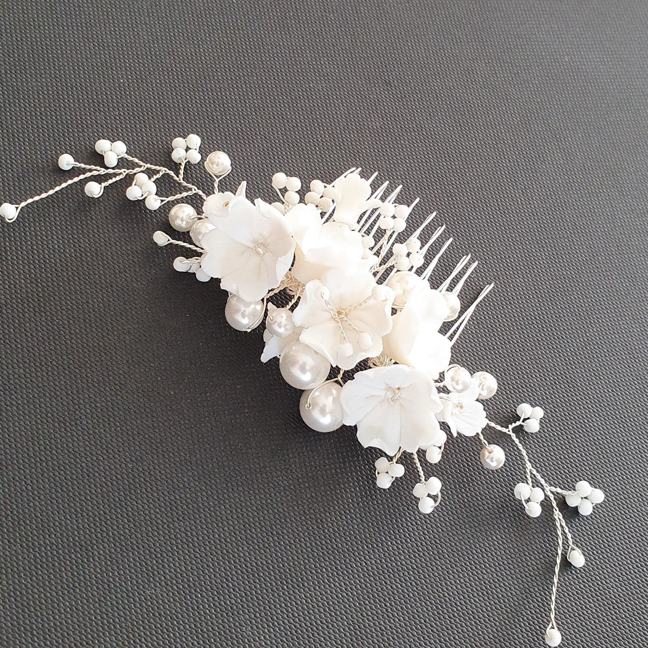 Pearl Bridal Hair Comb with White Flowers-Daphne